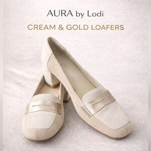 AURA by Lodi Cream & Gold Suede Loafers – Low Block Heel (Size 38)